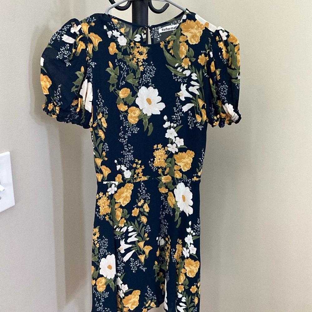 Reformation Navy and Yellow Irma Floral Dress
